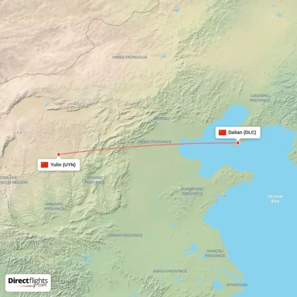 Yulin - Dalian direct flight map