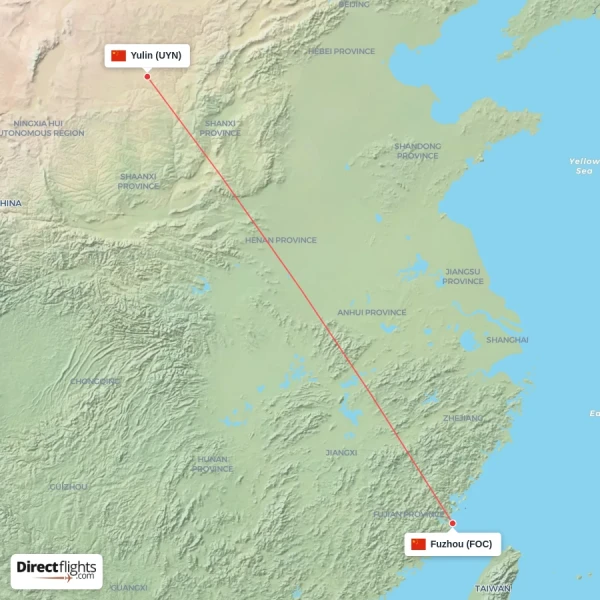 Yulin - Fuzhou direct flight map