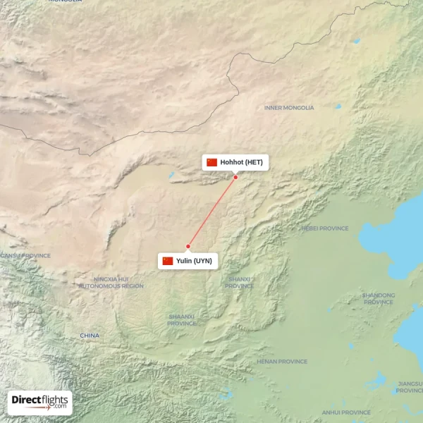 Yulin - Hohhot direct flight map