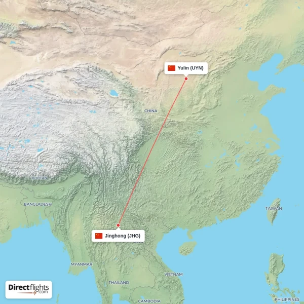 Yulin - Jinghong direct flight map