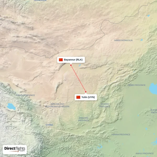 Yulin - Bayannur direct flight map