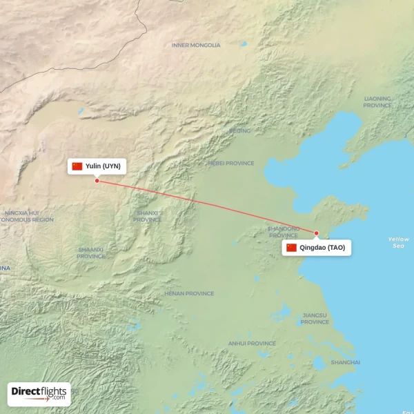 Yulin - Qingdao direct flight map