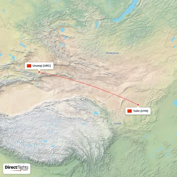 Yulin - Urumqi direct flight map
