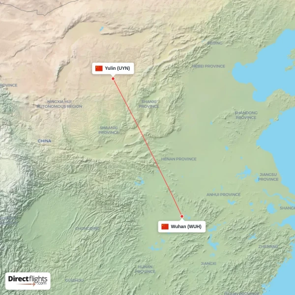 Yulin - Wuhan direct flight map