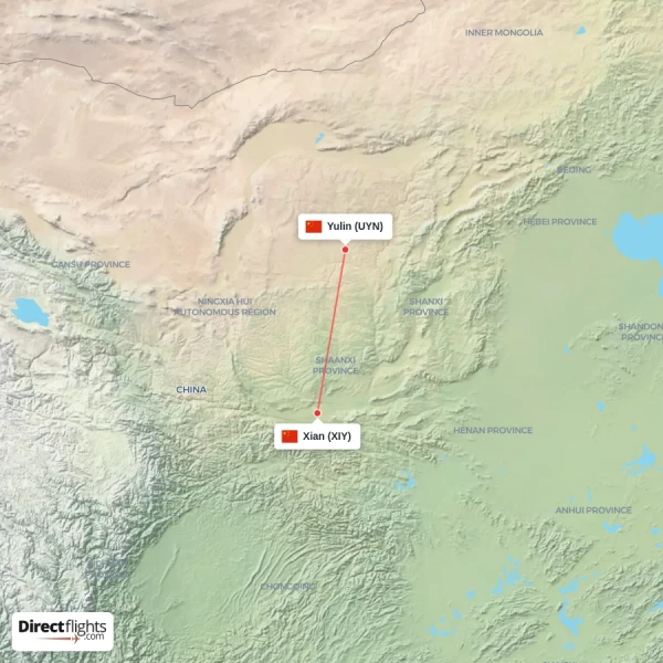 Yulin - Xian direct flight map