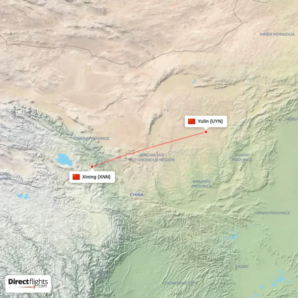 Yulin - Xining direct flight map