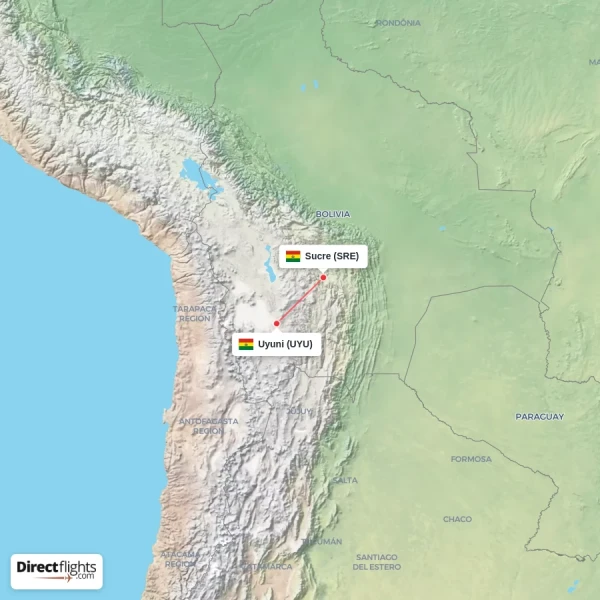 Uyuni - Sucre direct flight map