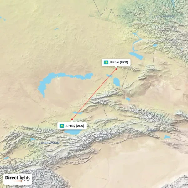 Urzhar - Almaty direct flight map