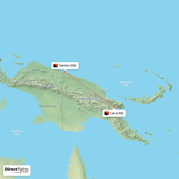 Vanimo - Lae direct flight map