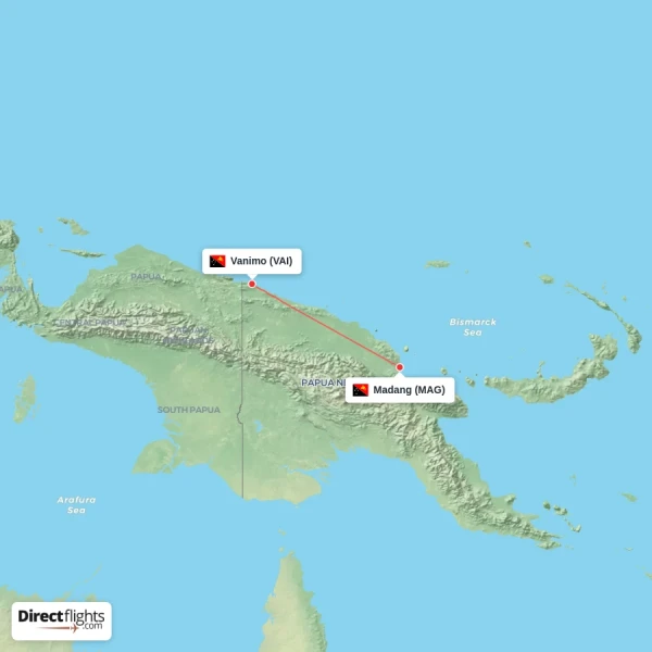Vanimo - Madang direct flight map