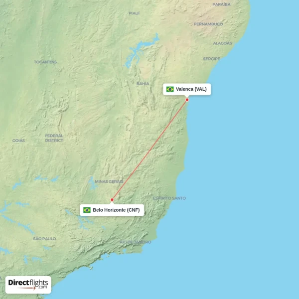 Valenca - Belo Horizonte direct flight map
