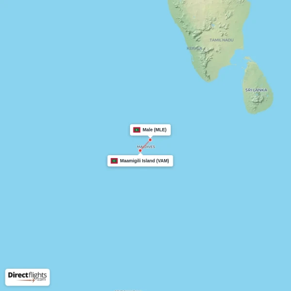 Maamigili Island - Male direct flight map