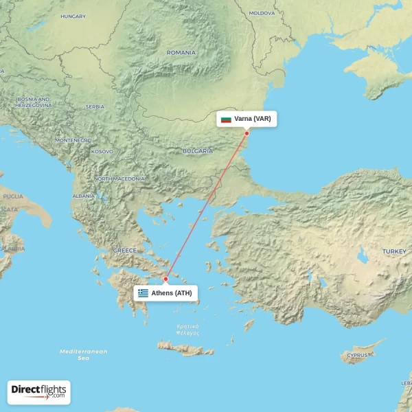 Varna - Athens direct flight map