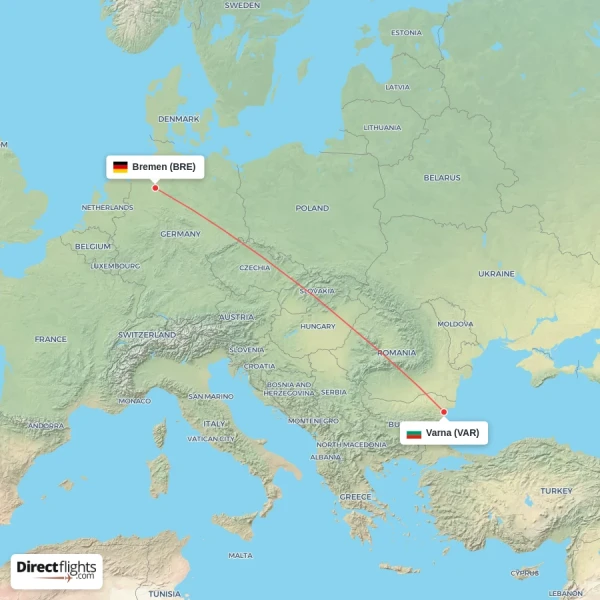 Varna - Bremen direct flight map