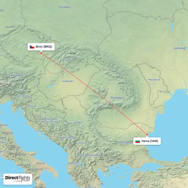 Varna - Brno direct flight map