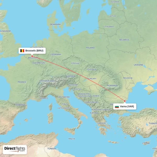 Varna - Brussels direct flight map