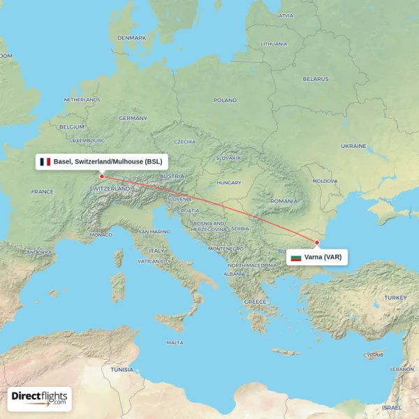 Varna - Basel, Switzerland/Mulhouse direct flight map