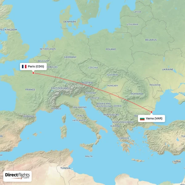 Varna - Paris direct flight map