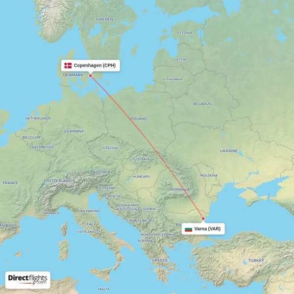 Varna - Copenhagen direct flight map