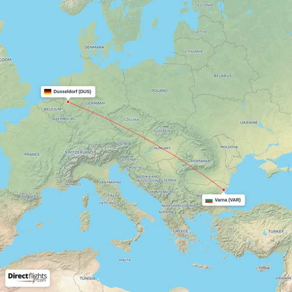 Varna - Dusseldorf direct flight map