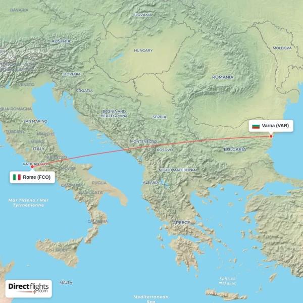 Varna - Rome direct flight map