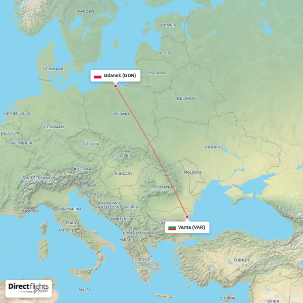 Varna - Gdansk direct flight map