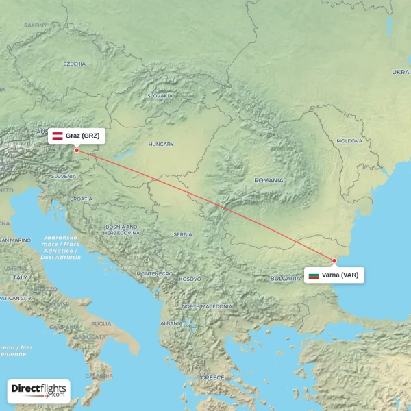 Varna - Graz direct flight map