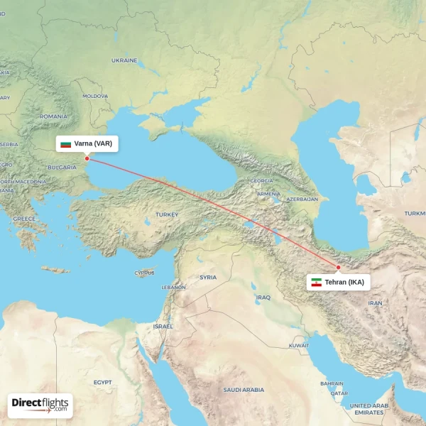 Varna - Tehran direct flight map