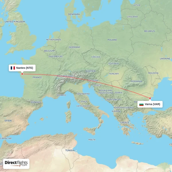 Varna - Nantes direct flight map