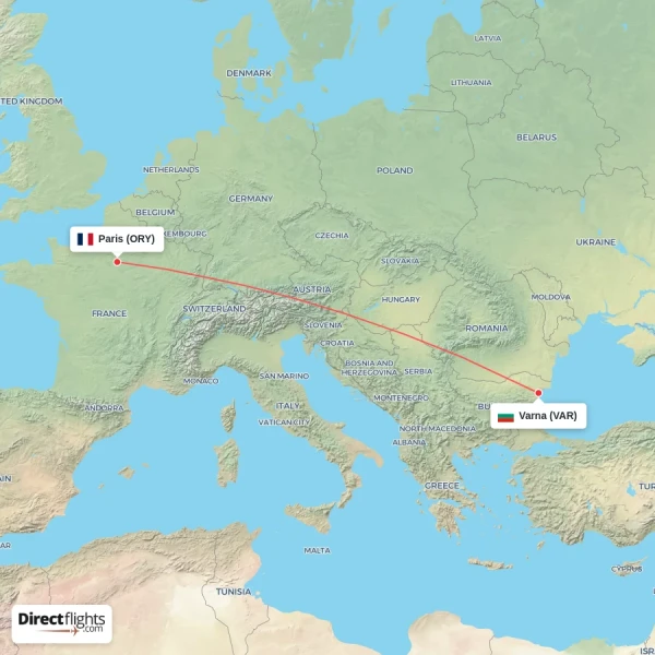 Varna - Paris direct flight map