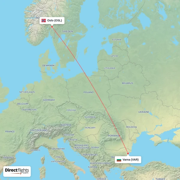 Varna - Oslo direct flight map