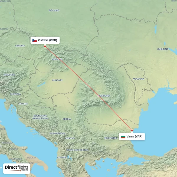 Varna - Ostrava direct flight map