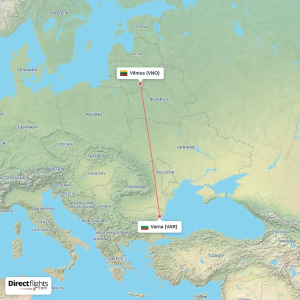 Varna - Vilnius direct flight map
