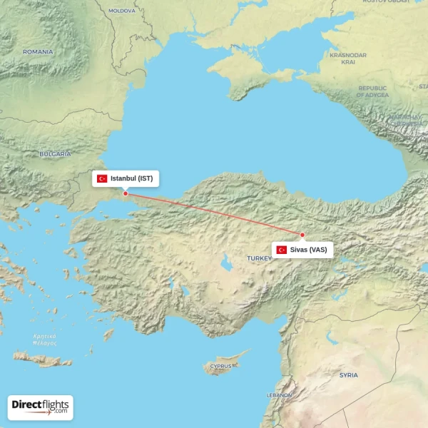Sivas - Istanbul direct flight map