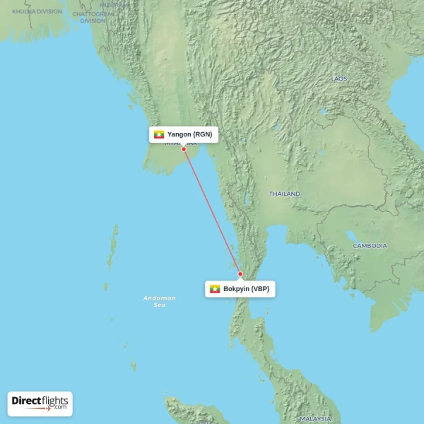 Bokpyin - Yangon direct flight map