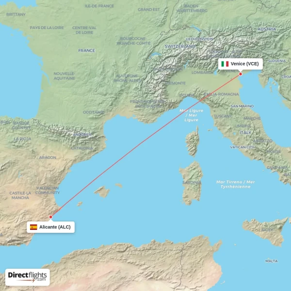 Venice - Alicante direct flight map