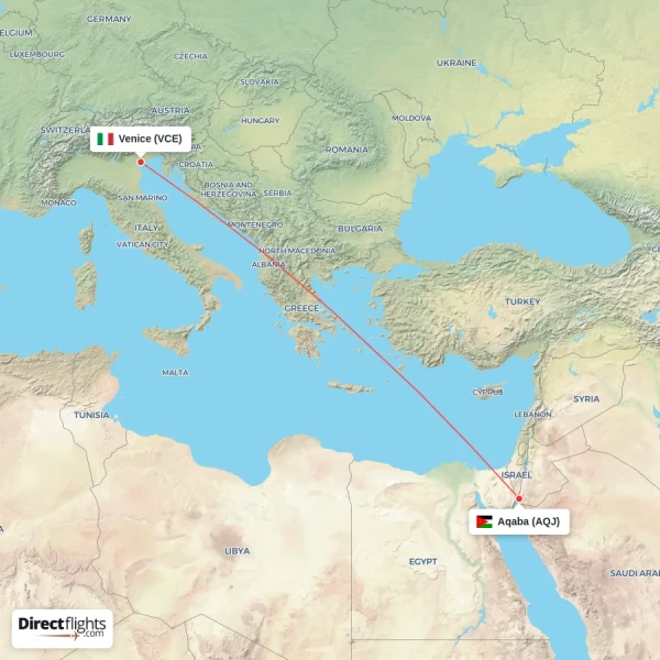 Venice - Aqaba direct flight map