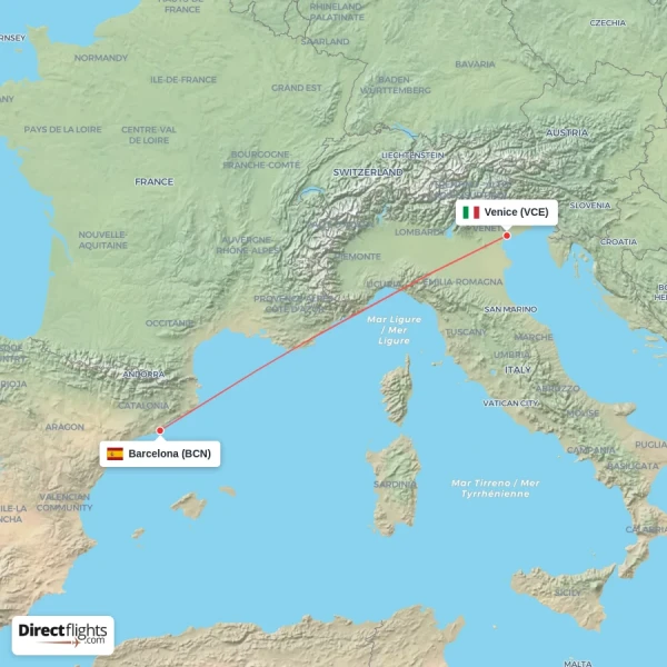 Venice - Barcelona direct flight map