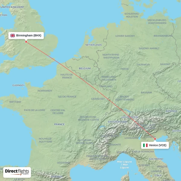 Venice - Birmingham direct flight map