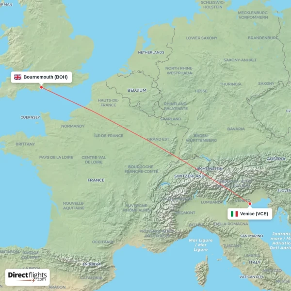 Venice - Bournemouth direct flight map
