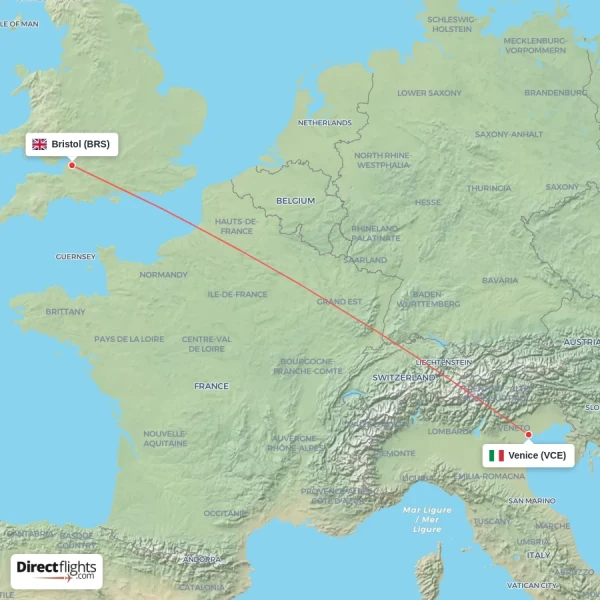 Venice - Bristol direct flight map