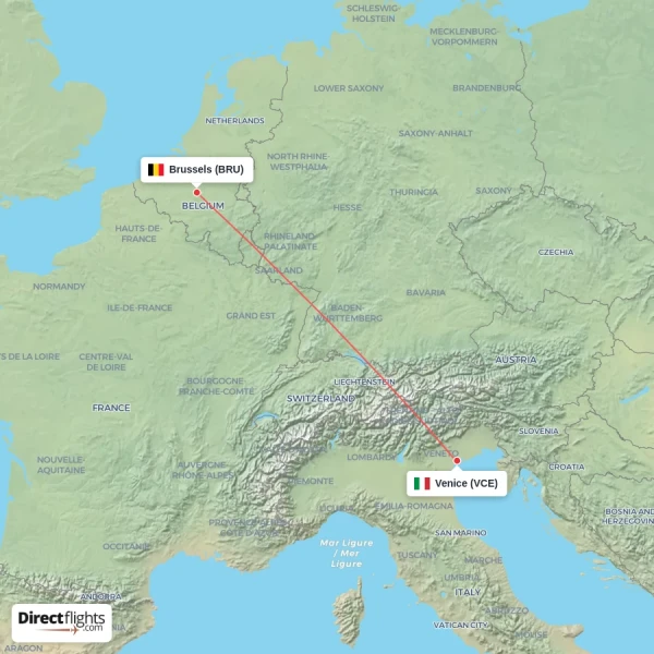 Venice - Brussels direct flight map
