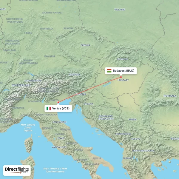 Venice - Budapest direct flight map