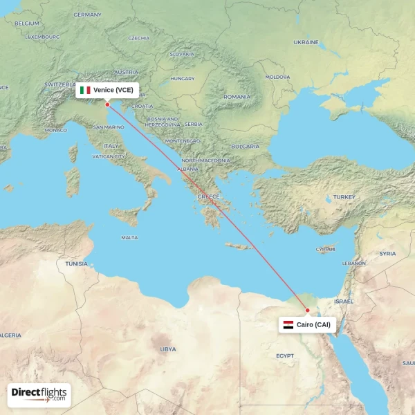 Venice - Cairo direct flight map