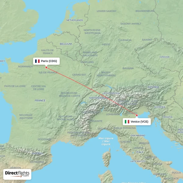 Venice - Paris direct flight map