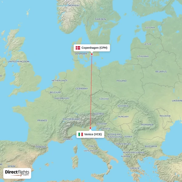 Venice - Copenhagen direct flight map