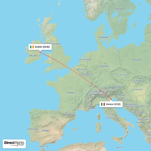 Venice - Dublin direct flight map