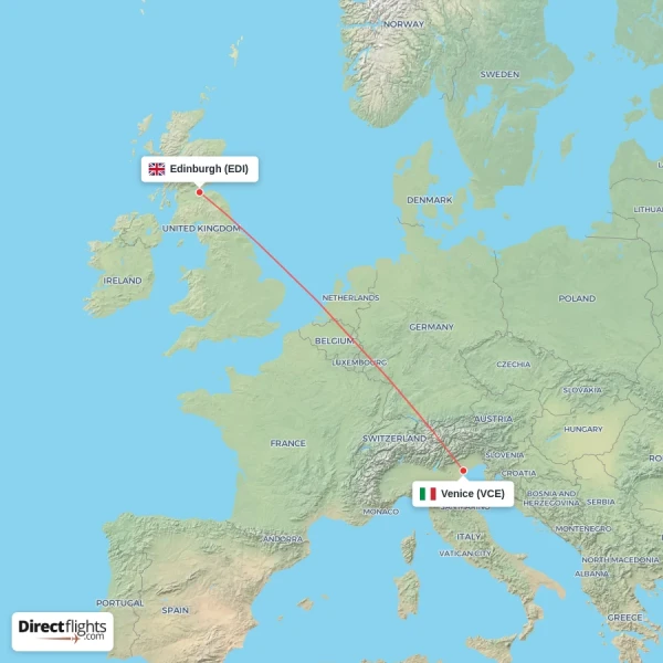 Venice - Edinburgh direct flight map