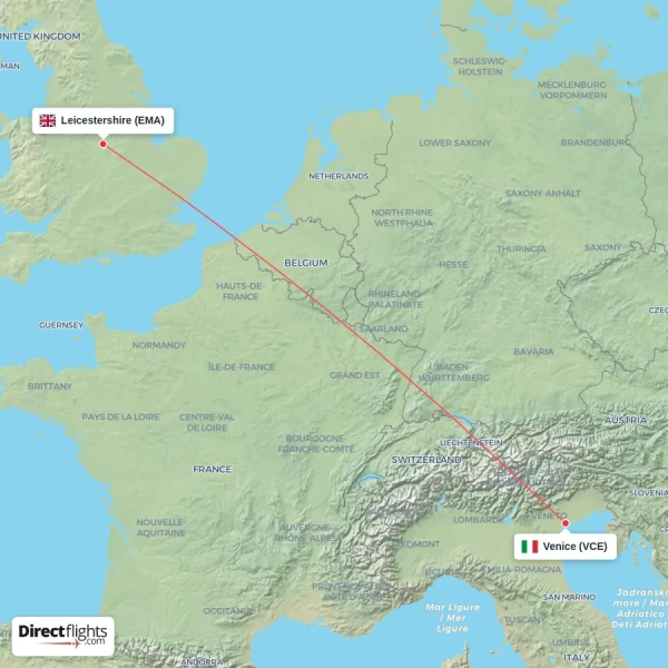 Venice - Leicestershire direct flight map