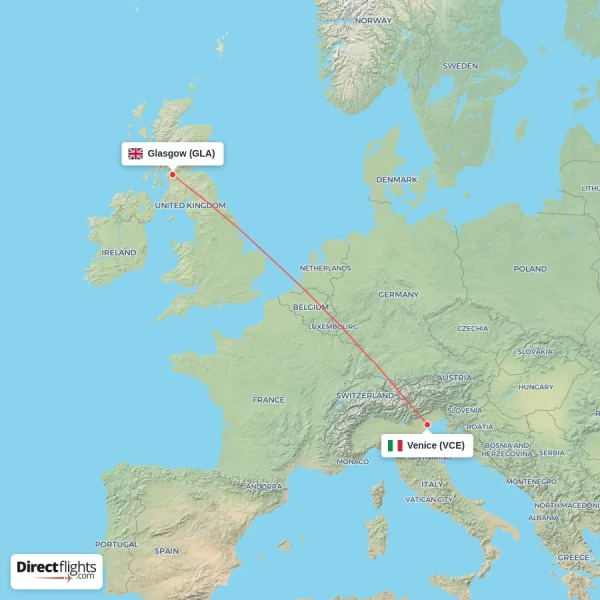 Venice - Glasgow direct flight map